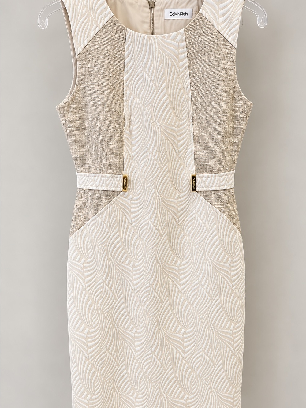 Calvin Klein Cream and Beige Textured Panel Sheath Dress